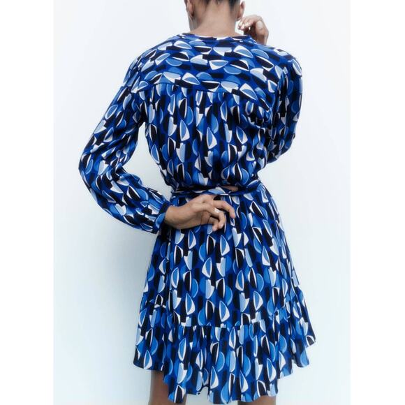 Zara Geometric PRINTED SHORT DRESS with Belt Tie in Blue - Picture 3 of 13